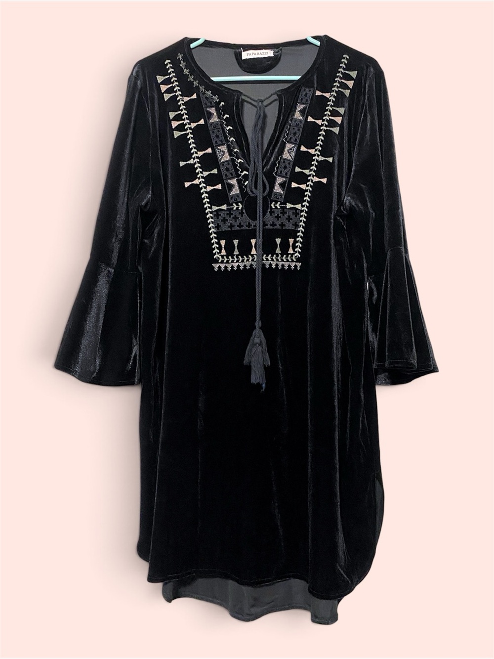 Paparazzi Black Velour Batwing Dress w Embroidery